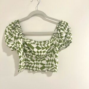 Green and White Geometric Women's Top
